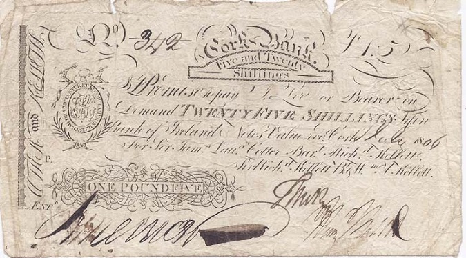 Cork Bank Cotter & Kelletts 25 Shillings 1st July 1806.jpg