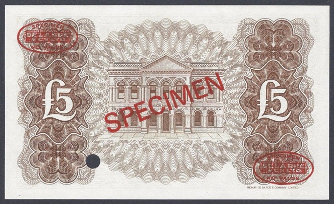 Provincial Bank 5 Pounds Specimen De La Rue 5th January 1972 McClay Reverse.jpg