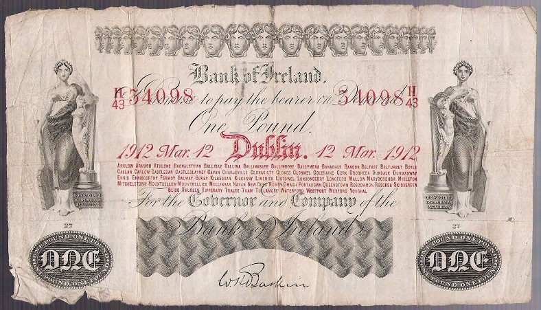 Bank of Ireland 1 Pound 12th March 1912 Baskin.jpg