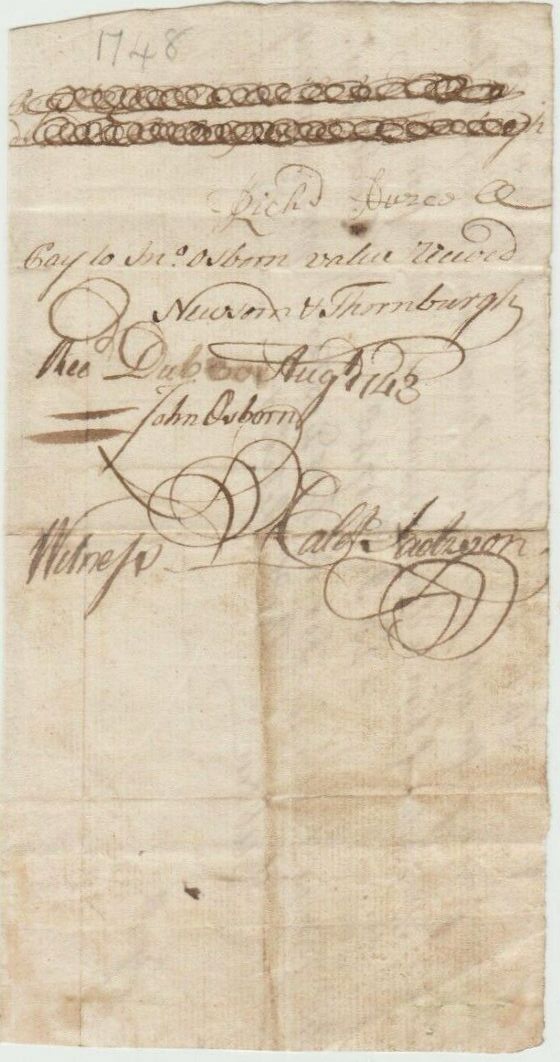 Drawn Note Wm. Armstrong on John Dexter 11 Pounds 14 Shillings 11th July 1748 Reverse.jpg