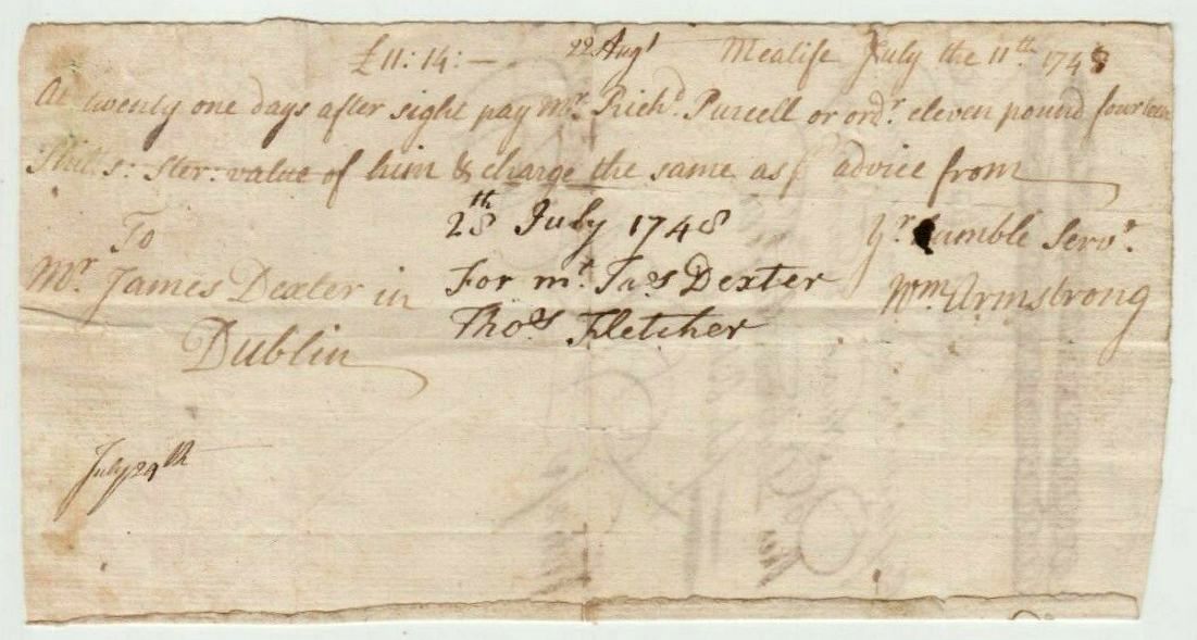 Drawn Note Wm. Armstrong on John Dexter 11 Pounds 14 Shillings 11th July 1748 Dublin.jpg