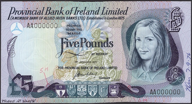 Provincial Bank of Ireland 5 Pounds Printers Proof 1st Jan. 1977 McClay AA Prefix.jpg