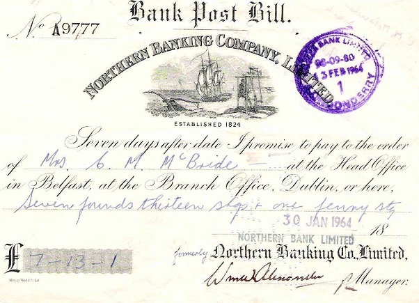 Northern Banking Company Limited Bank Post Bill  7l 13s 1d 30th Jan.1964.jpg