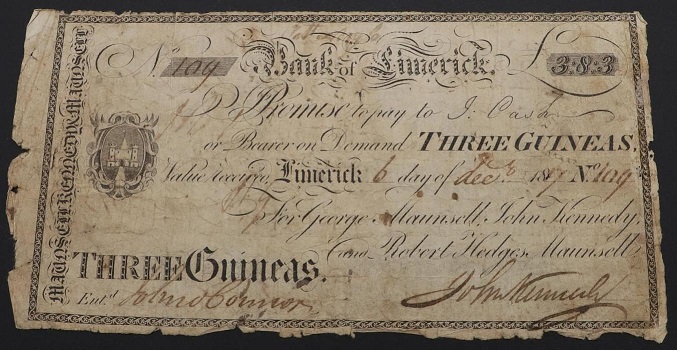 Limerick Bank George Maunsell & Co. 3 Guineas 6th December 1817.jpg