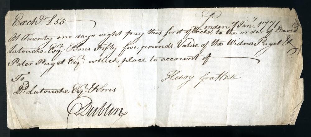Bill of Exchange 7th Jan. 1771 Henry Grattan on David La Touche & Sons.jpg