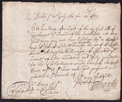 Bill Of Exchange for 140 Pounds drawn in Dublin upon John Morris & Co. London 20th July 1664.jpg