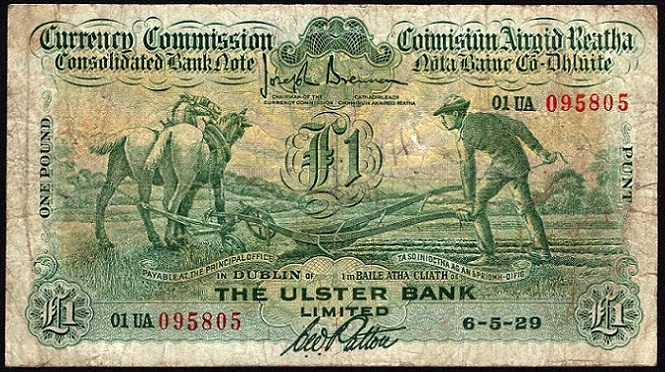 Ulster Bank Ploughman 1 Pound 6th May 1929 Patton 01UA Prefix.jpg