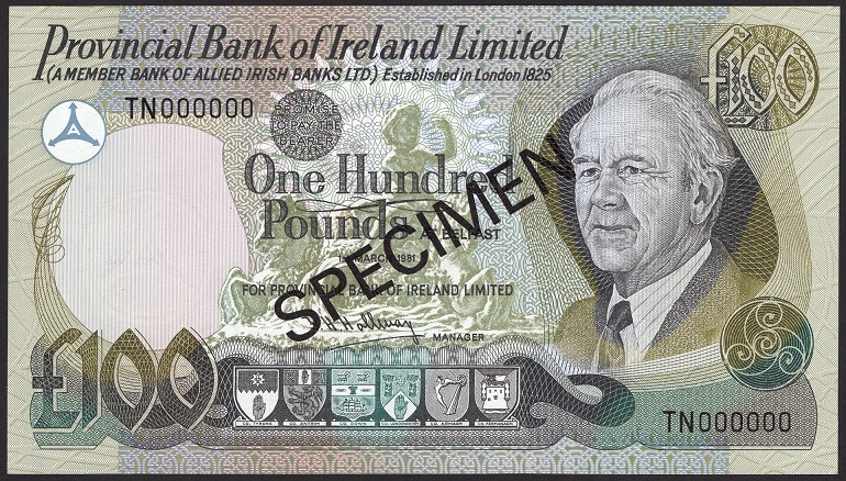 Provincial Bank 100 Pounds Specimen 1st March 1981 Hollway.jpg