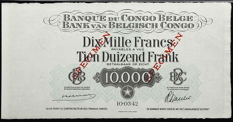 Banque Du  Congo Belge 10,000 Francs Specimen 10th March 1942.jpg