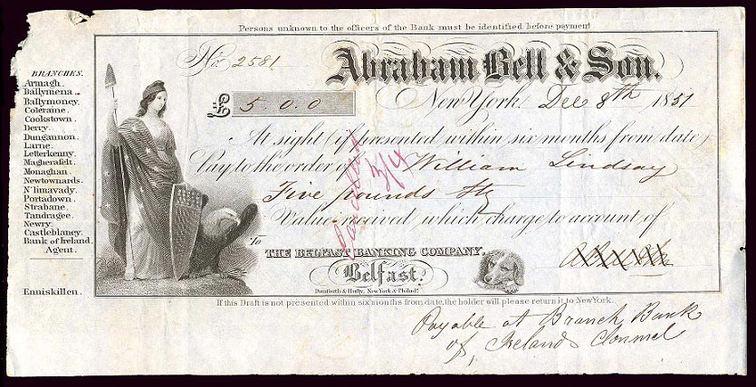 Abraham Bell and Son Bank Draft 5 Pounds 8th December 1851.jpg