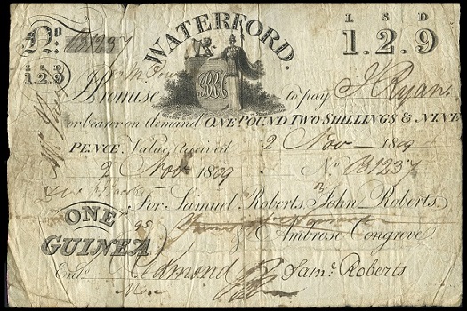 Waterford Bank Roberts & Co. 1 Guinea 2nd Nov.1809.jpg