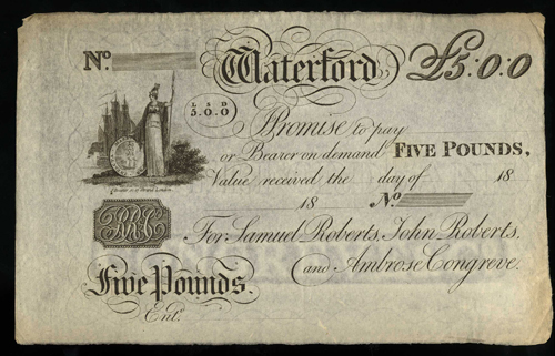 Waterford Bank Roberts & Co 5 Pounds Unissued ca.1807-1810.jpg