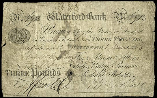 Waterford Bank Atkins & Co.  3 Pounds 1st June 1808.jpg
