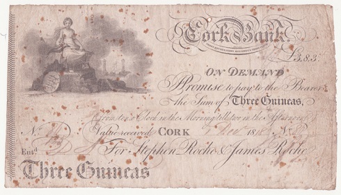 Cork Bank Stephen Roche & Co. 3 Guineas 1st Dec. 1818.jpg