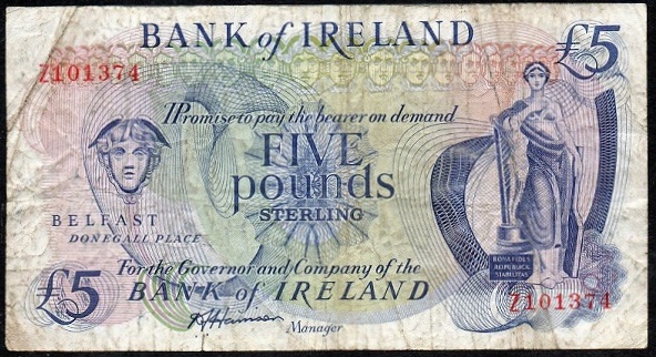 Bank of Ireland 5 Pounds Replacement ca. 1985 Harrison.jpg