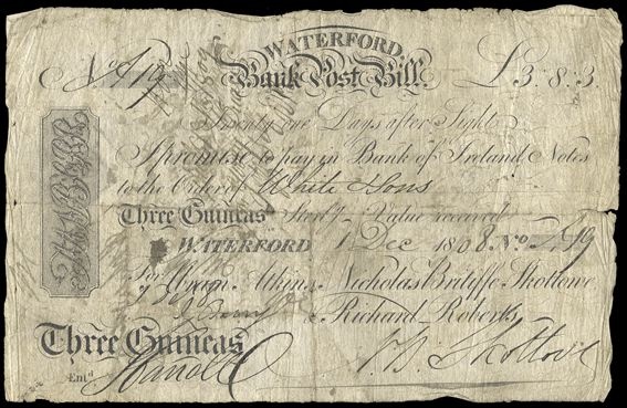 Waterford Bank Atkins & Co. Post Bill 3 Guineas 1st Dec. 1808.jpg