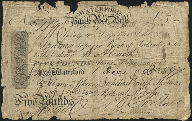 Atkins & Co. Waterford Bank 5 Pounds Post Bill 1st Dec.1808.jpg