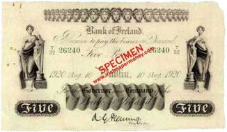 Bank of Ireland 5 Pounds 1920