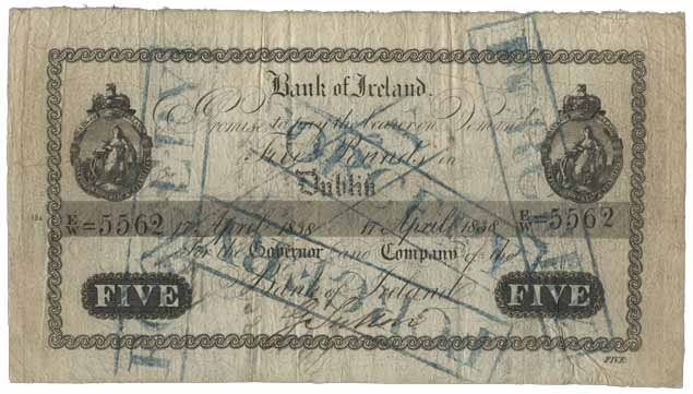 Bank of Ireland 5 Poundss 1838, contemporary forgery