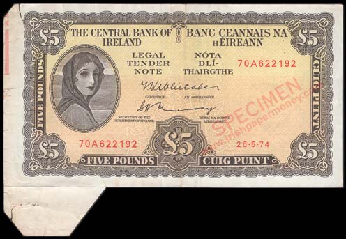 Extra paper on an otherwise normal note. Central Bank of Ireland 5 Pounds 1974