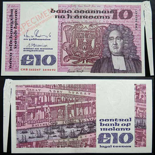 Extra paper error on a Central Bank of Ireland 10 Pound note 1992