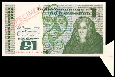 Extra paper error on a Central Bank of Ireland One Pound note 1977 Paper was folded during the cutting process