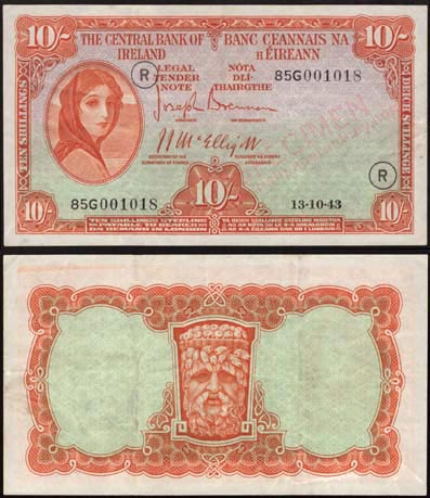 Central Bank of Ireland 10 Shillings 1943 Minor offset transfer error