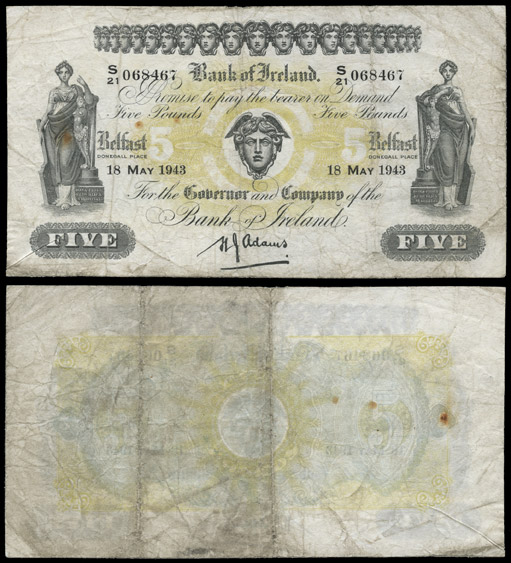 Northern Ireland, Bank of Ireland 5 Pounds 1943 error, missing print