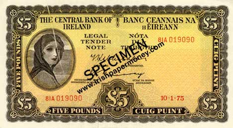 Ireland 5 Pounds 1975 Printed Fold error