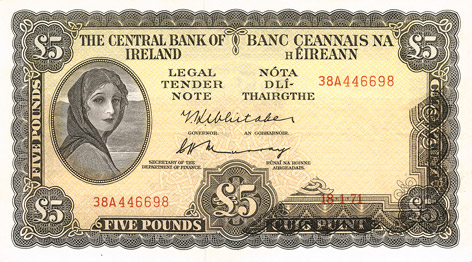 Central Bank of Ireland Five Pounds with with partial offset transfer error