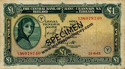 Double Impression of a Special Identification Marking, war code letter Y Central Bank of Ireland One Pound 1943