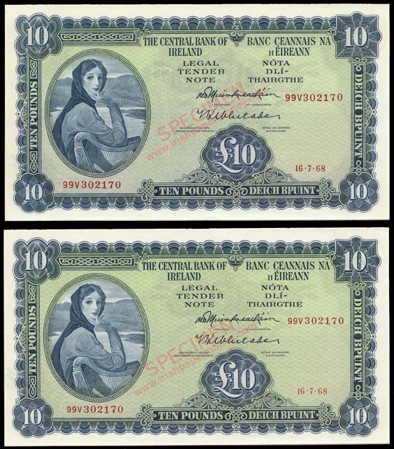 Central Bank of Ireland Ten Pounds 1968 pair of notes with same serial numbers, 99V 302170