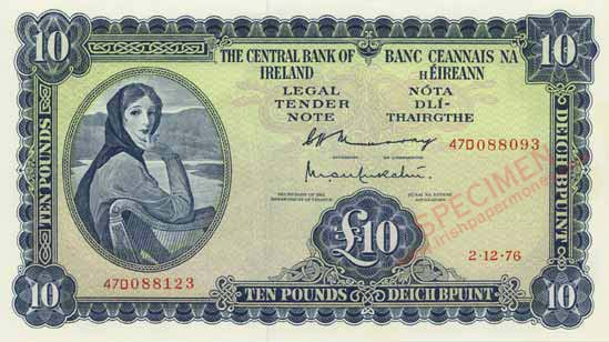 1976 Central Bank of Ireland Ten Pounds error with mismatched serial numbers