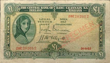 Central Bank of Ireland, One Pounds 1952 Minor printing error on date