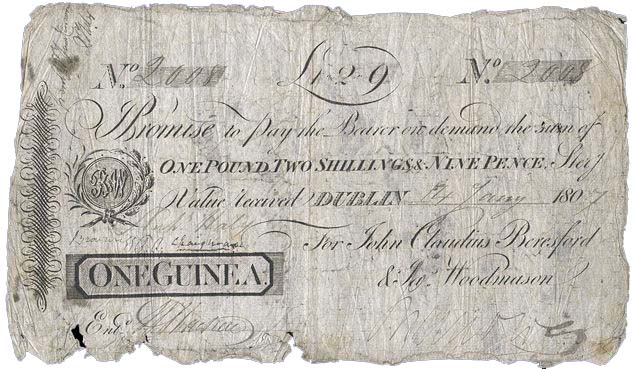 Beresfordss Bank, 1 Guinea, 14th Jan 1807. John Claudius Beresford, James Woodmason