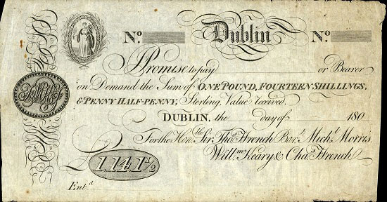 Ffrench's Bank Dublin One Guinea & Half ca1807. Hon. Sir Thomas Ffrench, Michael Morris, William Kearey, Charles Ffrench