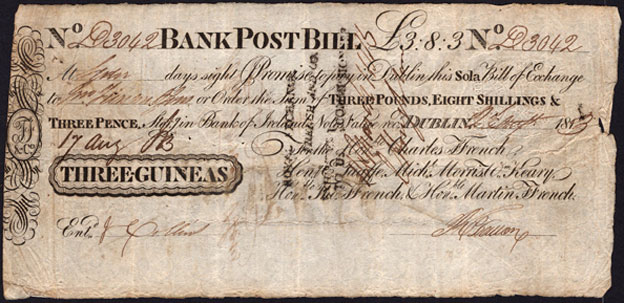 Ffrench's Bank Dublin 3 Guineas Post Bill 26 Aug 1813. Hon. Charles Ffrench, Henry E. Taaffe, Michael Morris, William Kearey, Hon. Thomas Ffrench, Hon. Martin Ffrench