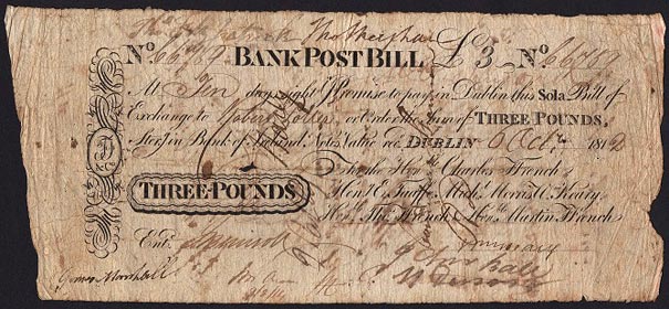Ffrench's Bank Dublin 3 Pounds Post Bill 6th Oct 1812