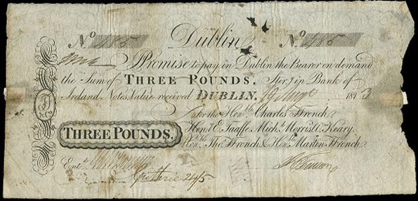 Ffrench's Bank Dublin Three Pounds 19th August 1813