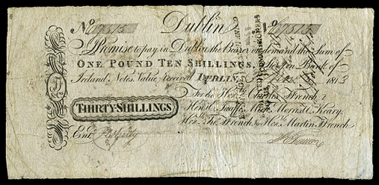 Ffrench's Bank Dublin 30 Shillings 3rd Nov 1813. Hon. Charles Ffrench, Henry E. Taaffe, Michael Morris, William Kearey, Hon. Thomas Ffrench, Hon. Martin Ffrench
