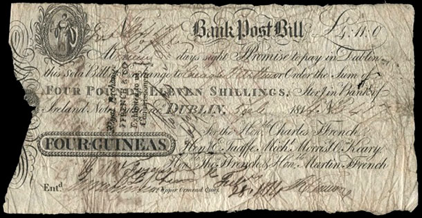 Ffrench's Bank Dublin Four Guineas Post Bill 5th February 1814