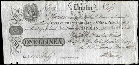 Ffrench's Bank Dublin One Guinea 30th March 1814. Hon. Charles Ffrench, Henry E. Taaffe, Michael Morris, William Kearey, Hon. Thomas Ffrench