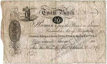 Ffrench's Bank. Tuam. Three Shillings, nine and a half pence