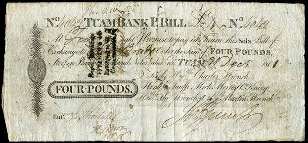 Ffrench's Bank Tuam 4 Pounds Post Bill 21st-December 1811