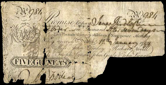 Thomas Finlay & Co. 5 Guineas 1798, John Finlay, Richard Nevill, Joseph Lynman, John Geale, John Lynman