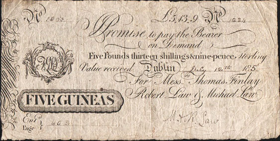 Thomas Finlay & Co. 5 Guineas 1825, Thomas Finlay (Jr), Robert Law, Michael Law