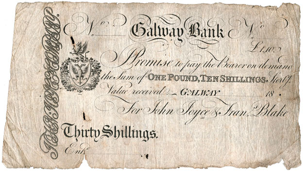 Joyce's Bank, Galway 30 Shillings. John Joyce Francis Blake 1810-1814