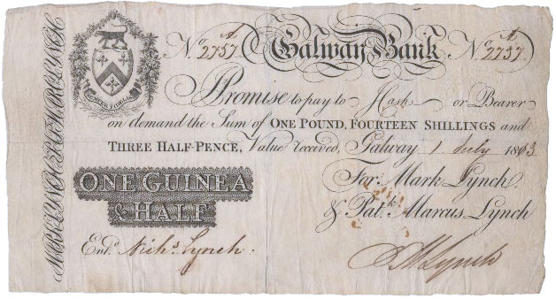 Lynch's Galway Bank. One Guinea and Half, 1st July 1813, Mark Lynch, Patrick Marcus Lynch