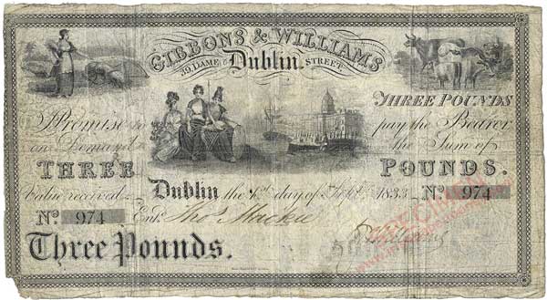 Gibbons & Williams, Dublin, 3 Pounds, 1st Sept 1833