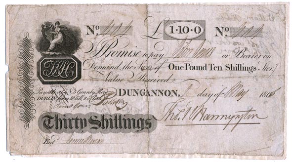 Thomas Hannyngton's Bank. Dungannon and Dublin, Thirty Shillings, 1 May 1806.